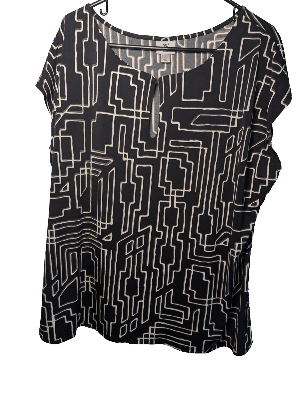 Worthington Shirt Top Tunic Blouse Women's size 1X Black Artsy Geometric Stretch